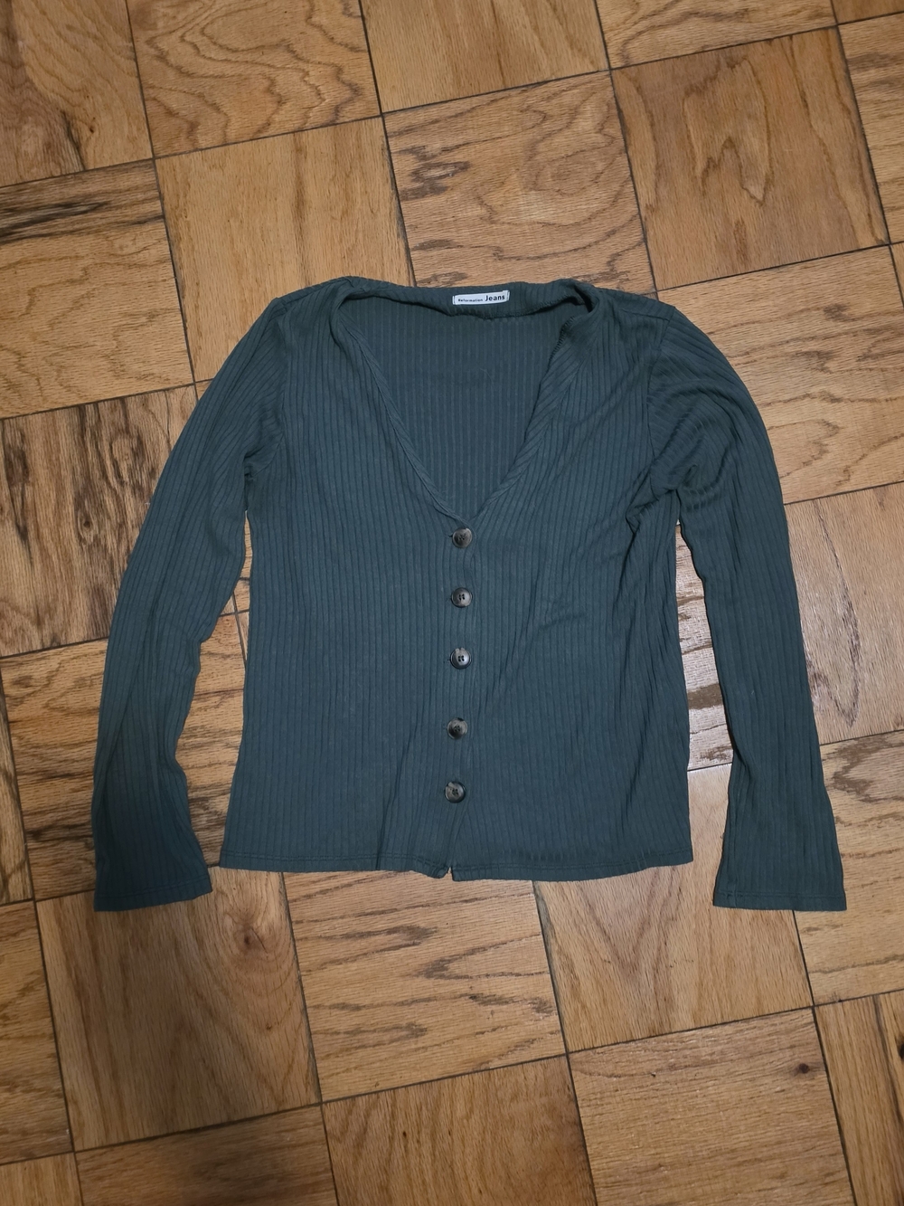Reformation Ribbed V-Neck Button Front Top — Green